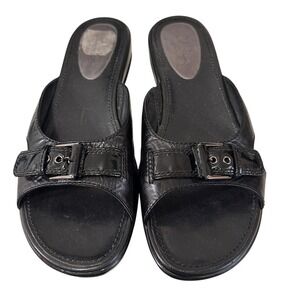 Cole Haan Women's Black Wedge Leather Slip on Buckle Sandals Size 9B Casual